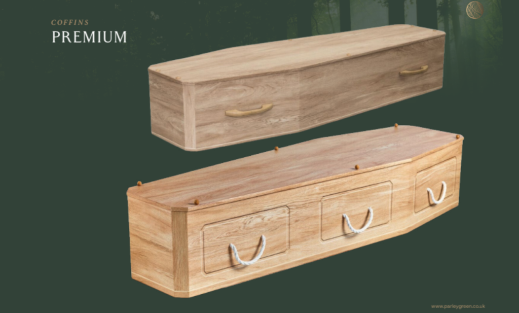 Solid wood coffin with natural finish and rope handles