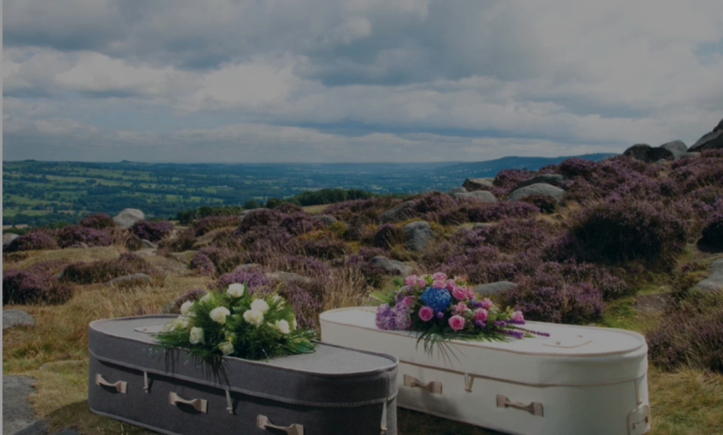 Eco-friendly coffins placed in a natural woodland burial setting