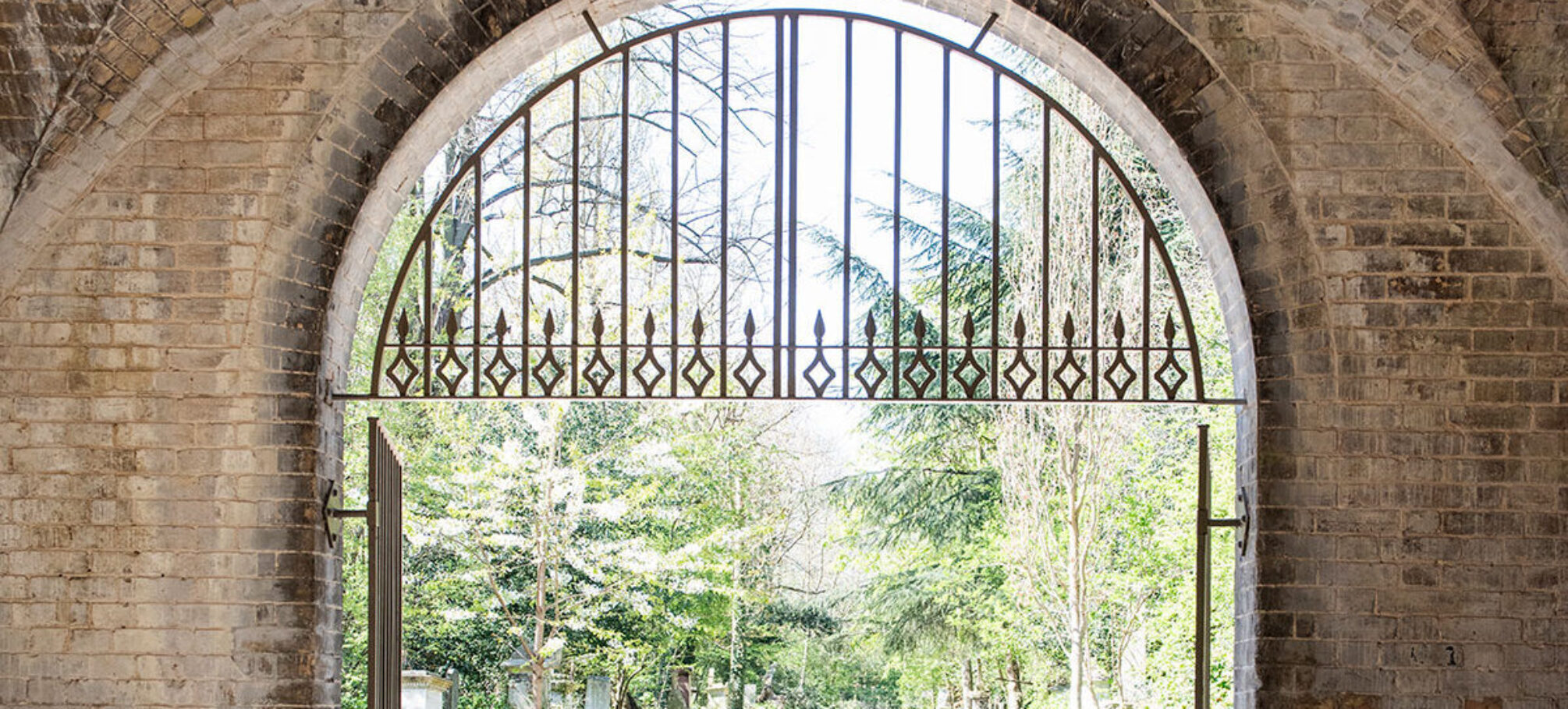 The gated undercroft of Abney Park Chapel in Cemetery N16