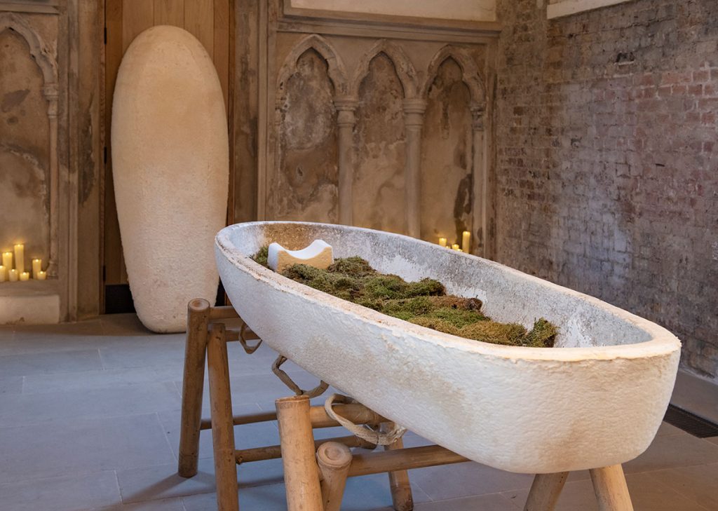 Mycelium coffin interior with moss bed to lay on