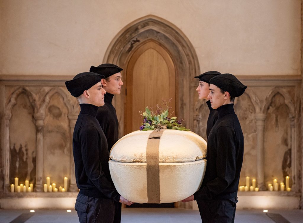 Loop Tech Mycelium Living Cocoon Coffin with Thereafter Funeral Services pallbearers in Abney Park Chapel