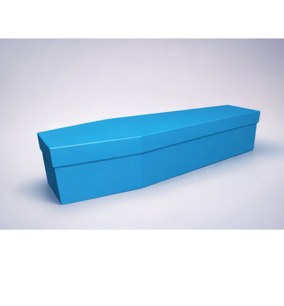 Aqua-blue cardboard coffin