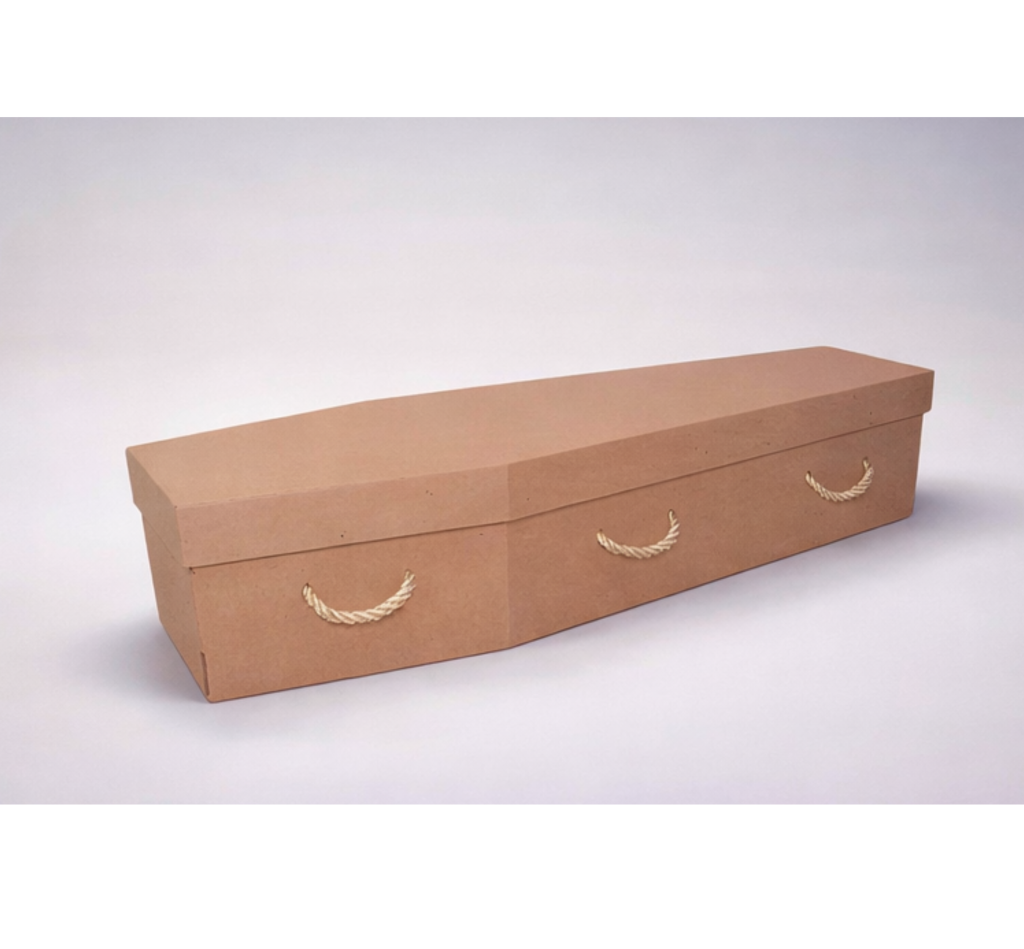 Natural buff cardboard coffin with rope handles