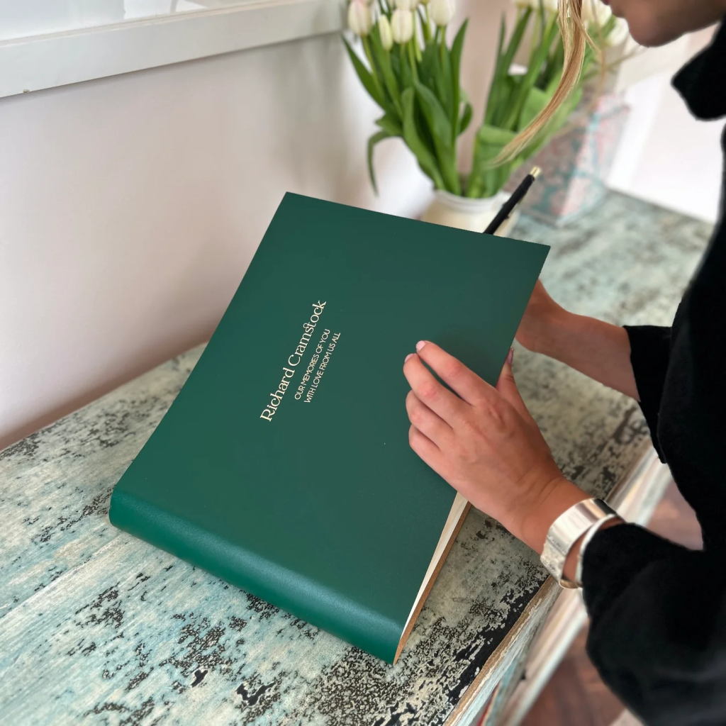 Bespoke Memory & Condolence book in green recycled leather