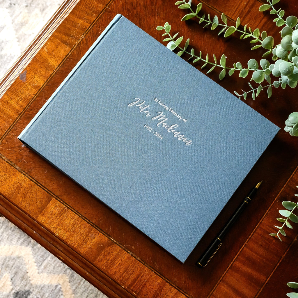 Blue linen bespoke Memory & Condolence books from Begolden