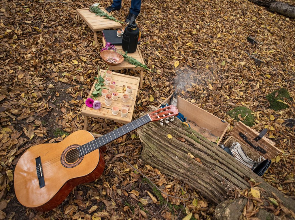 Musical instruments to be played live in the woods at a natural burial Green Acres, Epping Forest