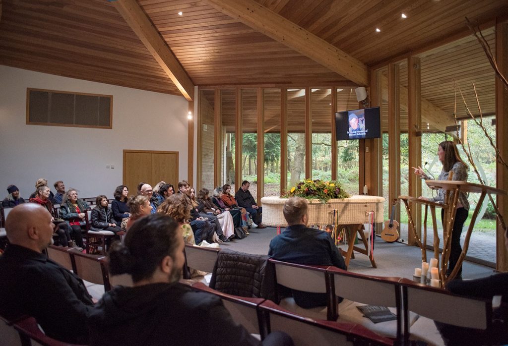 Guests honour life in a bespoke ceremony in the Gathering Hall at Greenacres Natural Burial Ground Epping